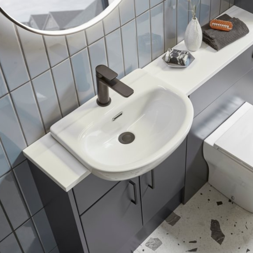 Lifestyle image of the Tavistock Micra Evo 475mm Semi-Countertop Basin installed in a countertop unit